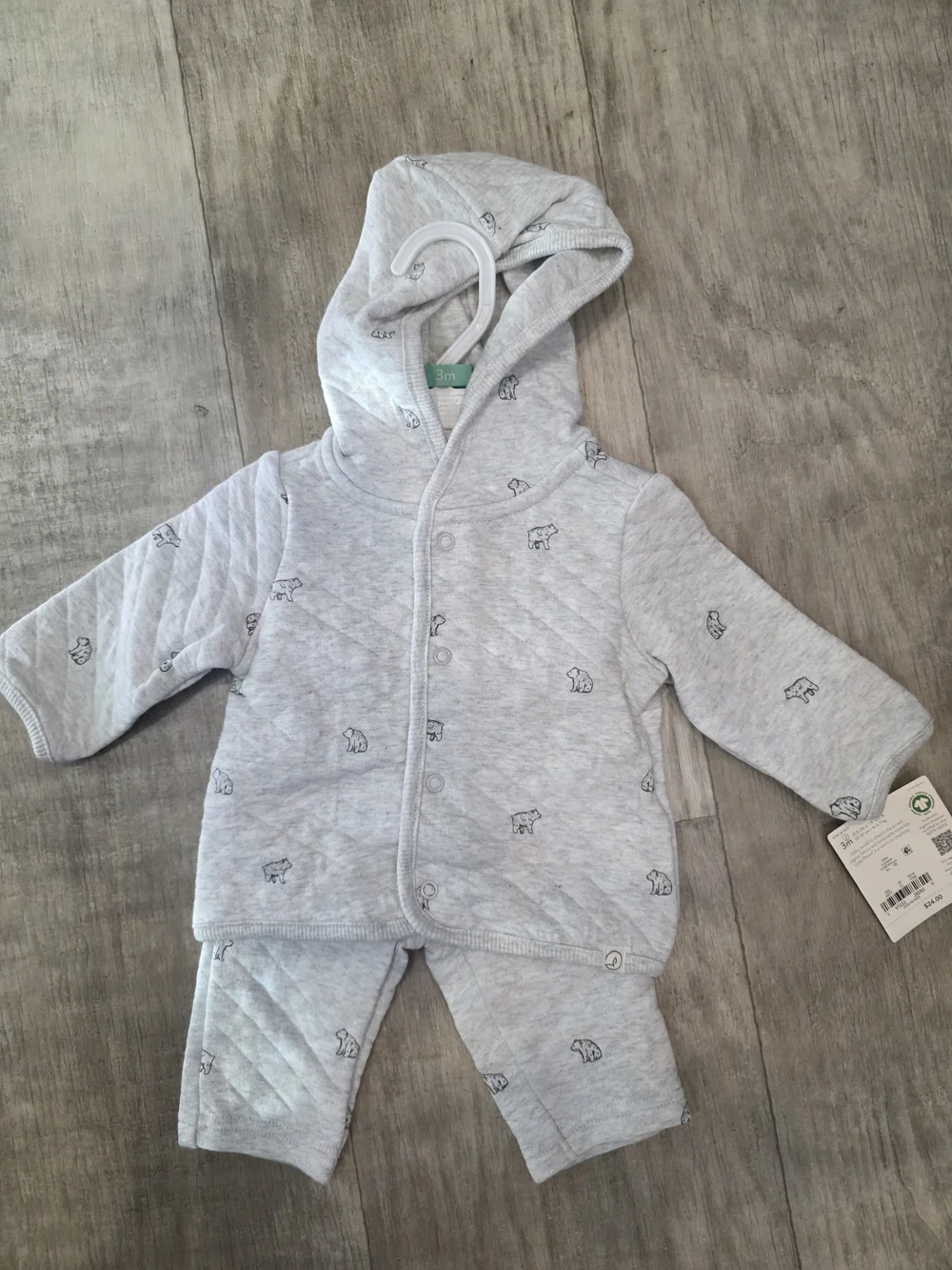 Gray Hooded Baby Set with Bear Print